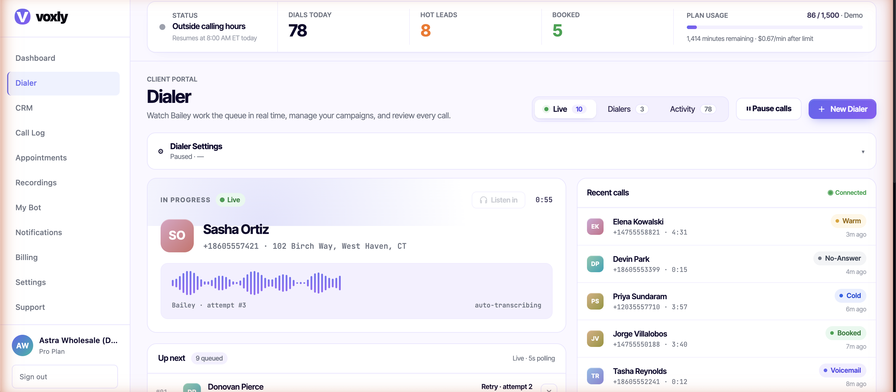 Voxly dialer — live outbound calls in progress